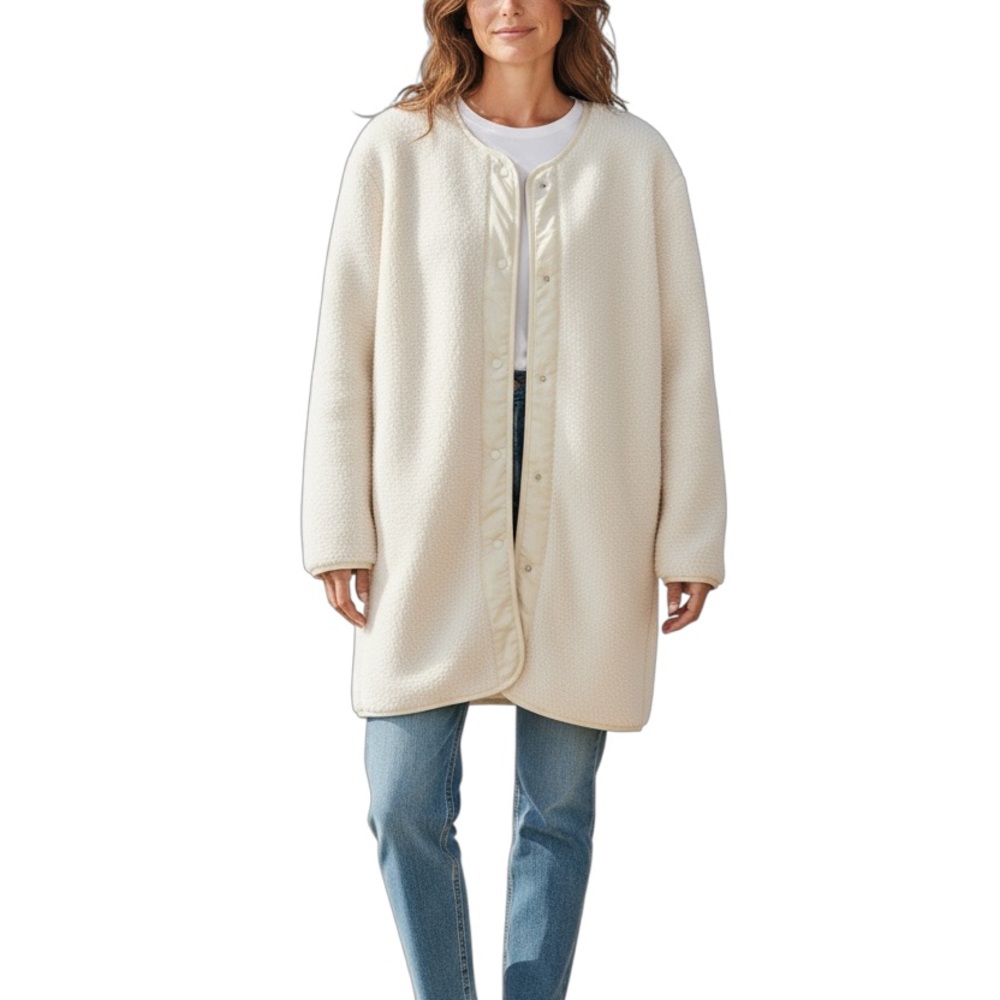 Plush textured jacket Sherpa fleece liner cozy Crewneck liner w/ snap closure M - Picture 7 of 7